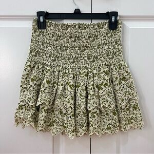 Zara Eyelet Floral Patterned Smocked Mini Skirt in Green and Beige
